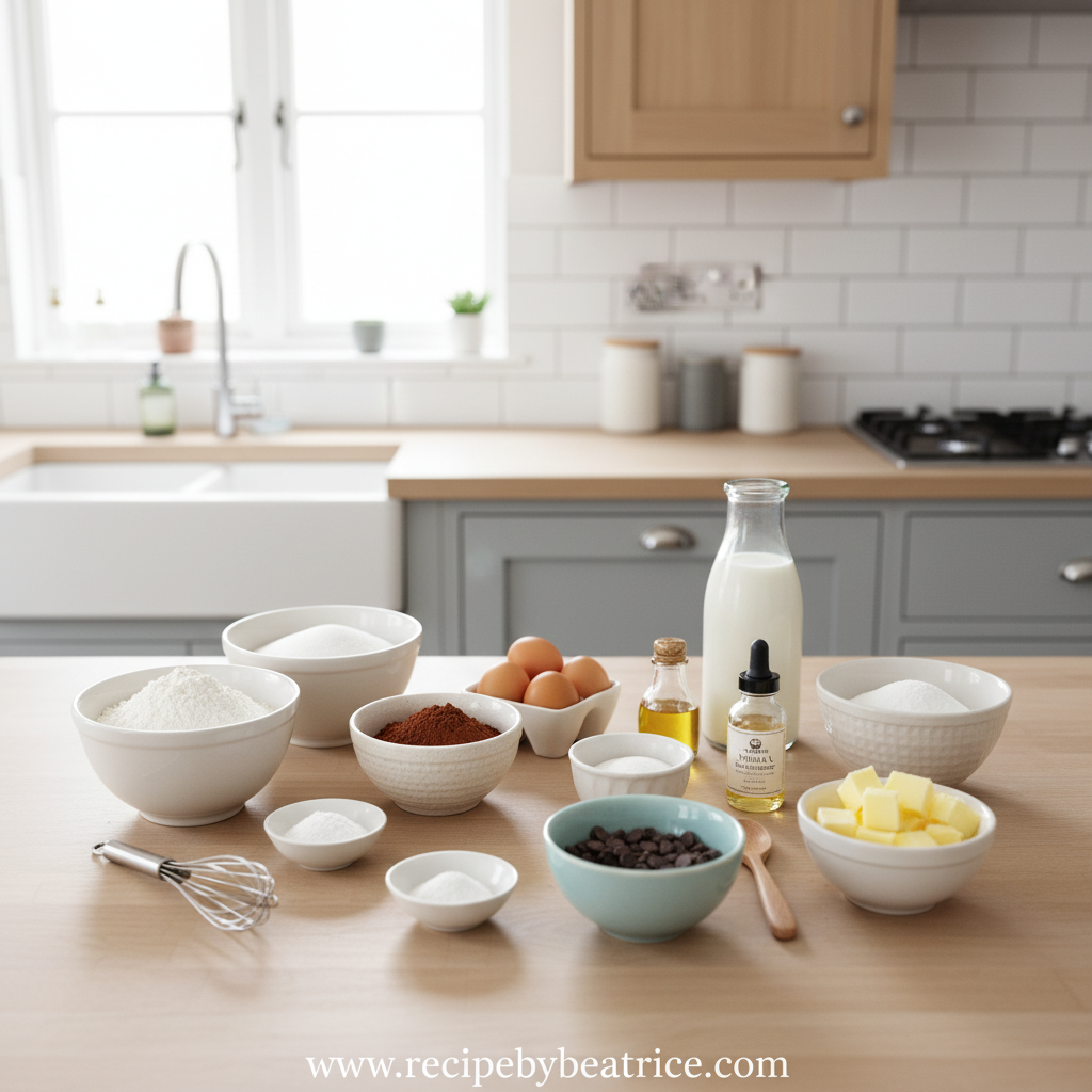 Ingredients for chocolate traybake including flour, sugar, cocoa powder, eggs, and butter