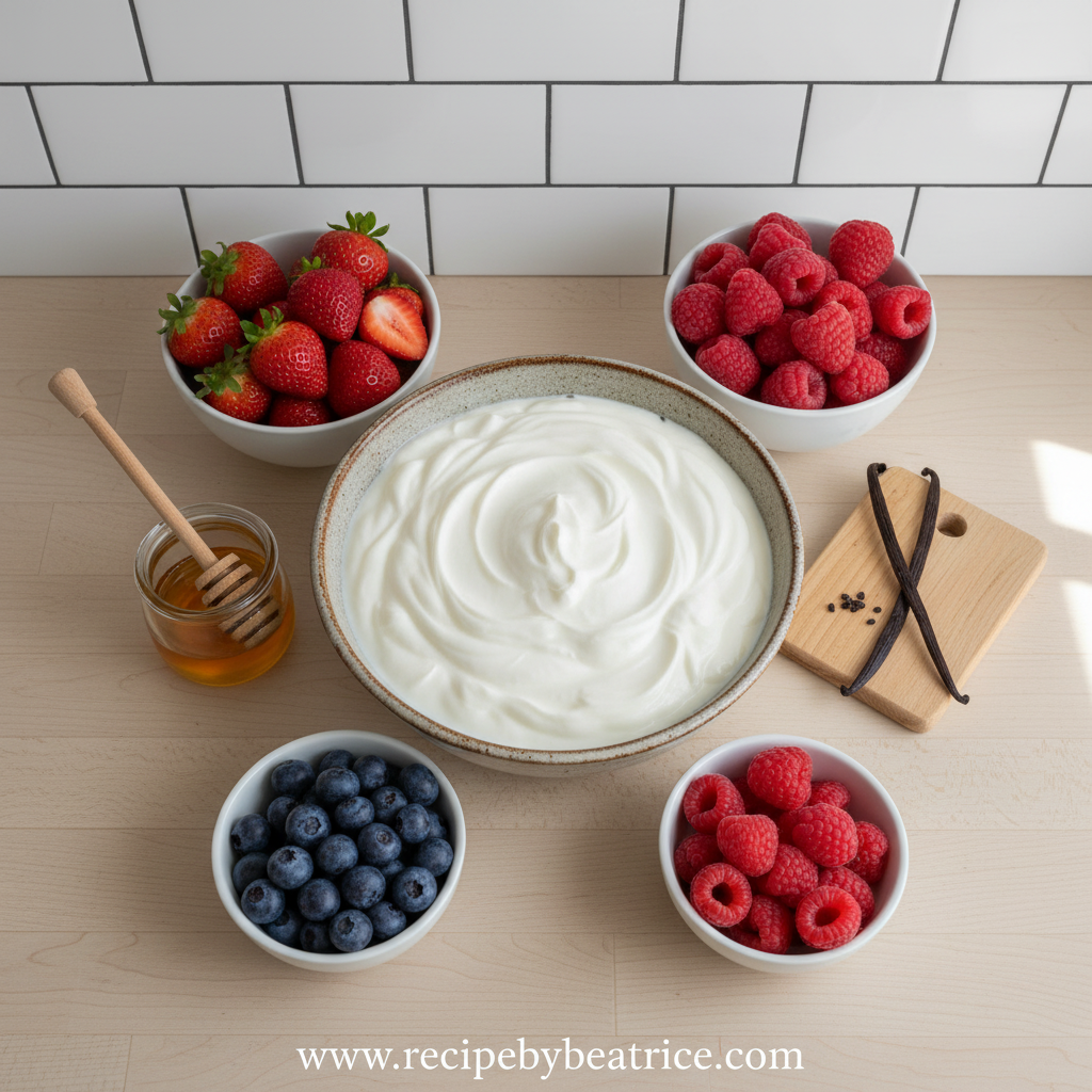 Ingredients for making homemade frozen yogurt including yogurt, honey, and fresh fruits