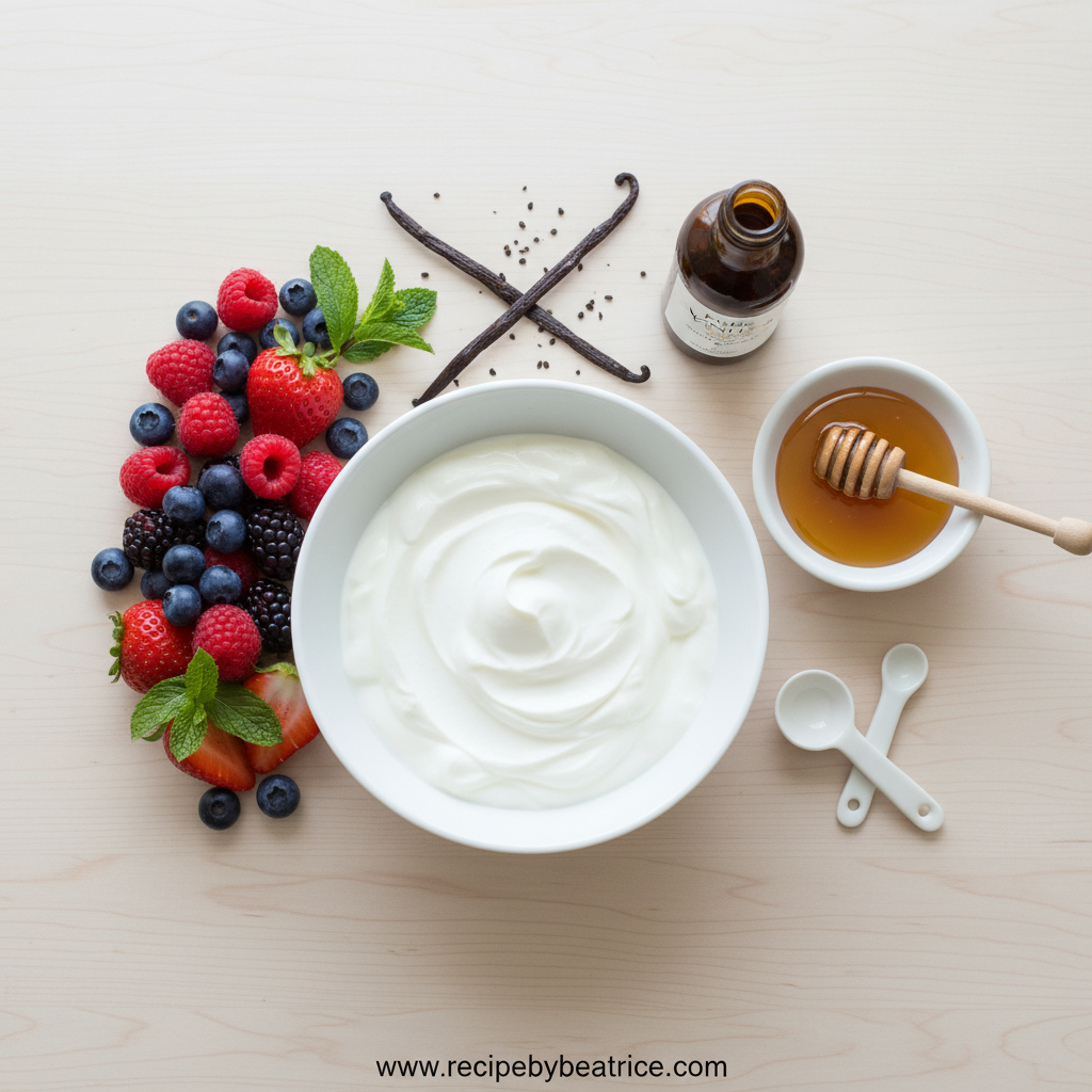 Ingredients for homemade frozen yogurt including yogurt, honey, and fresh fruit