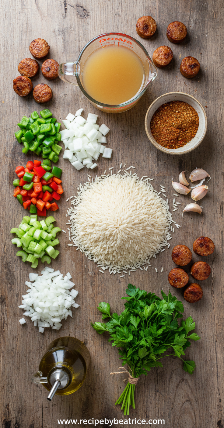 Ingredients for Cajun chicken sausage rice skillet including sausage, rice, bell peppers, and spices