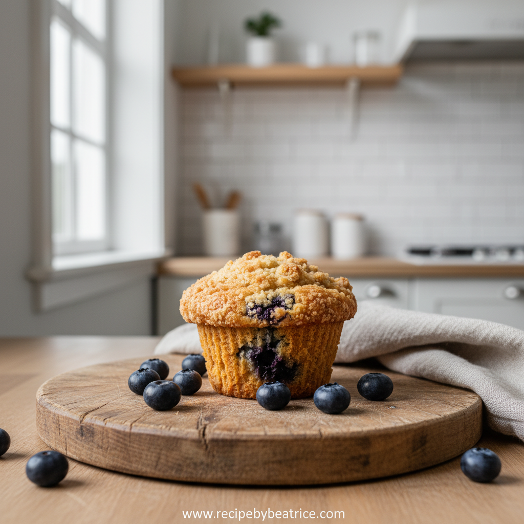 Bakery style fluffy blueberry muffins with streusel topping