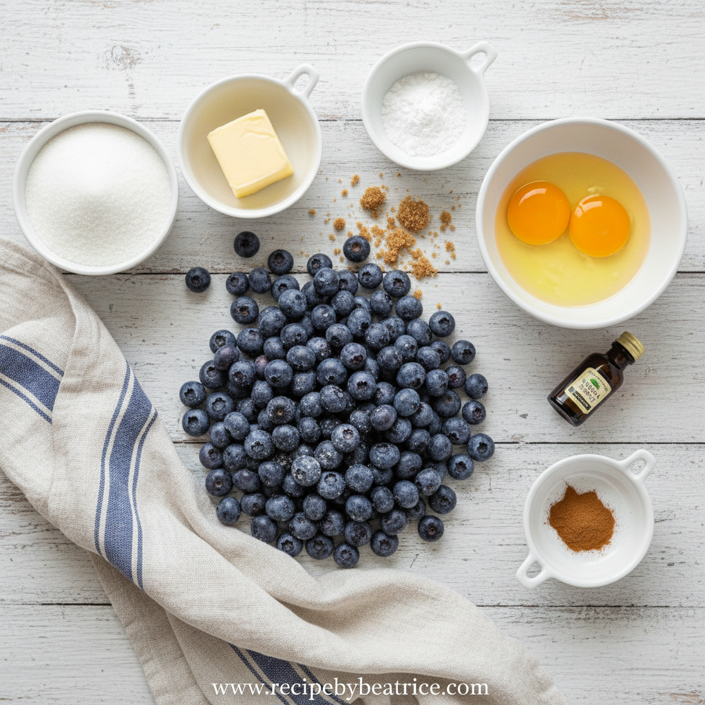 Ingredients for bakery style fluffy blueberry muffins with streusel
