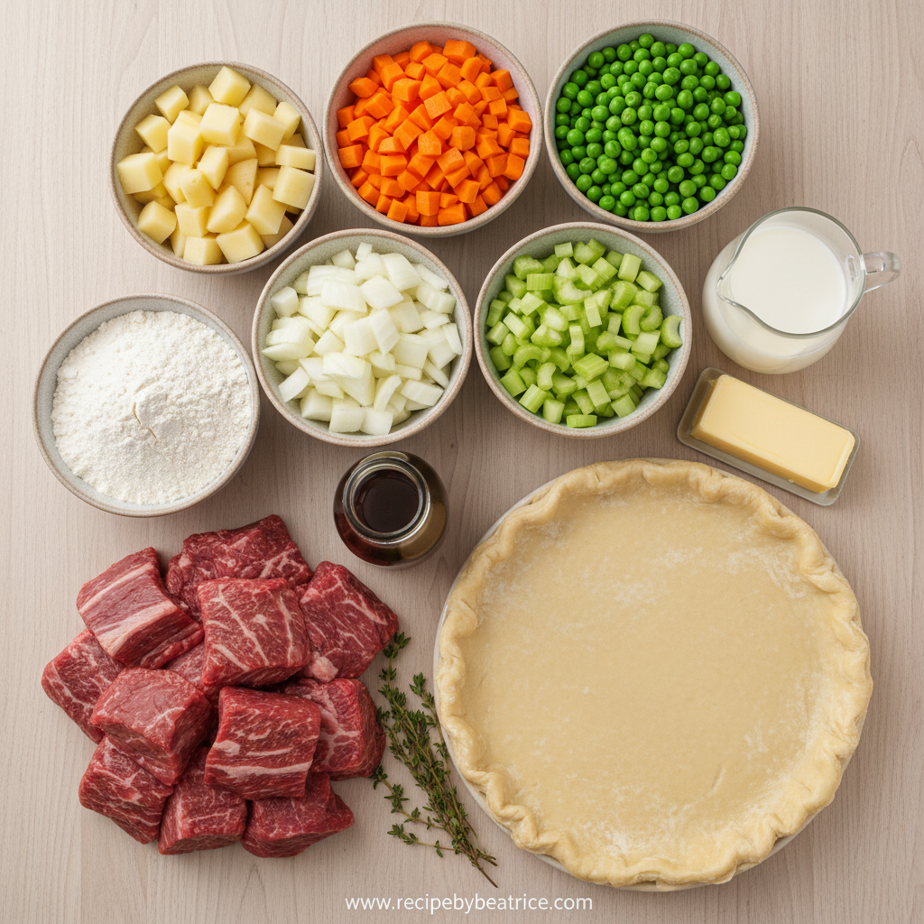 Ingredients for beef pot pie: beef, vegetables, and pastry