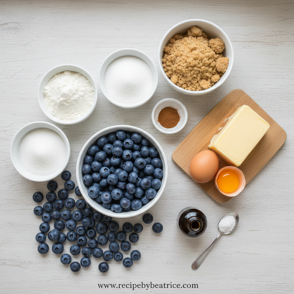 Ingredients for blueberry muffins with crumble topping