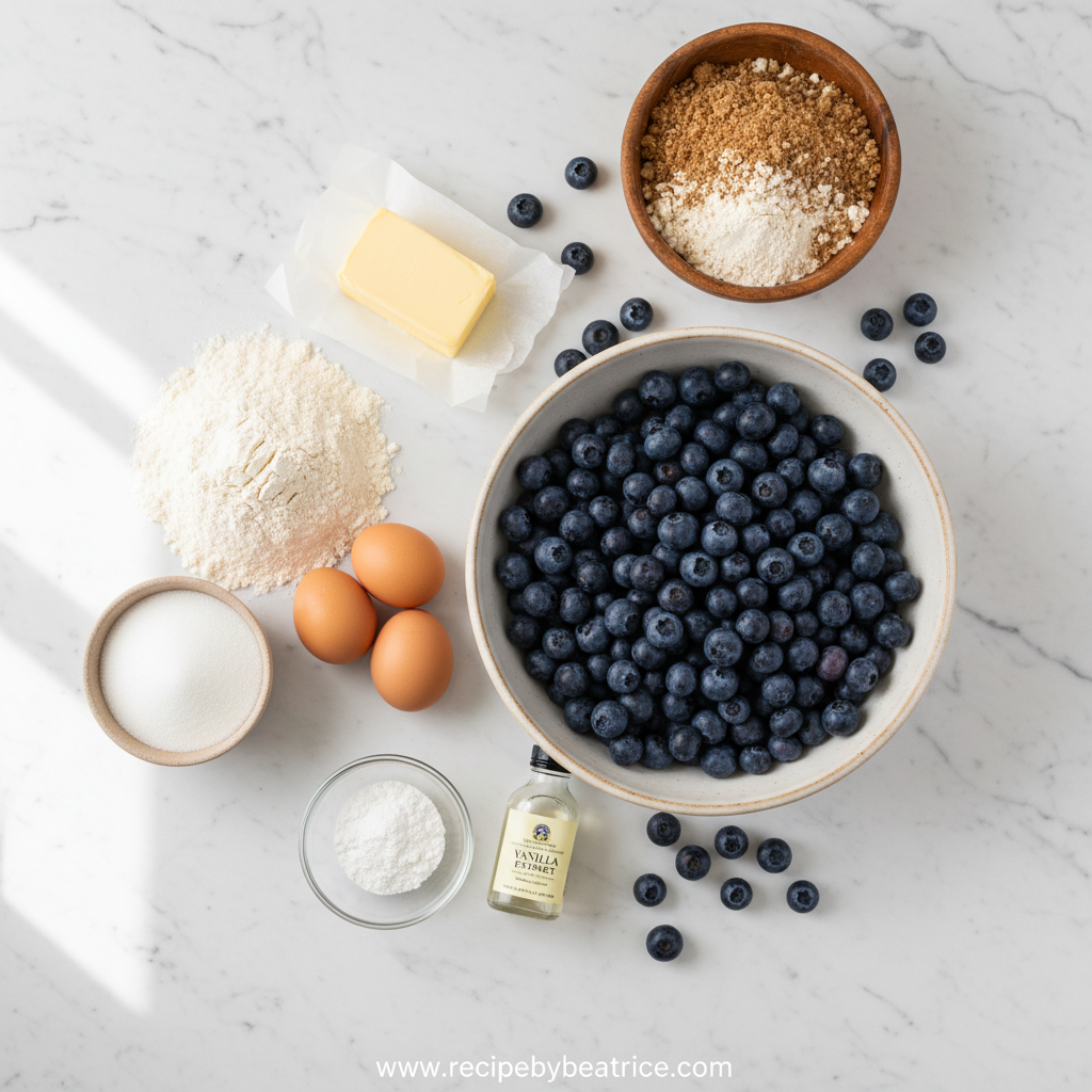 Ingredients for blueberry muffins with crumble topping