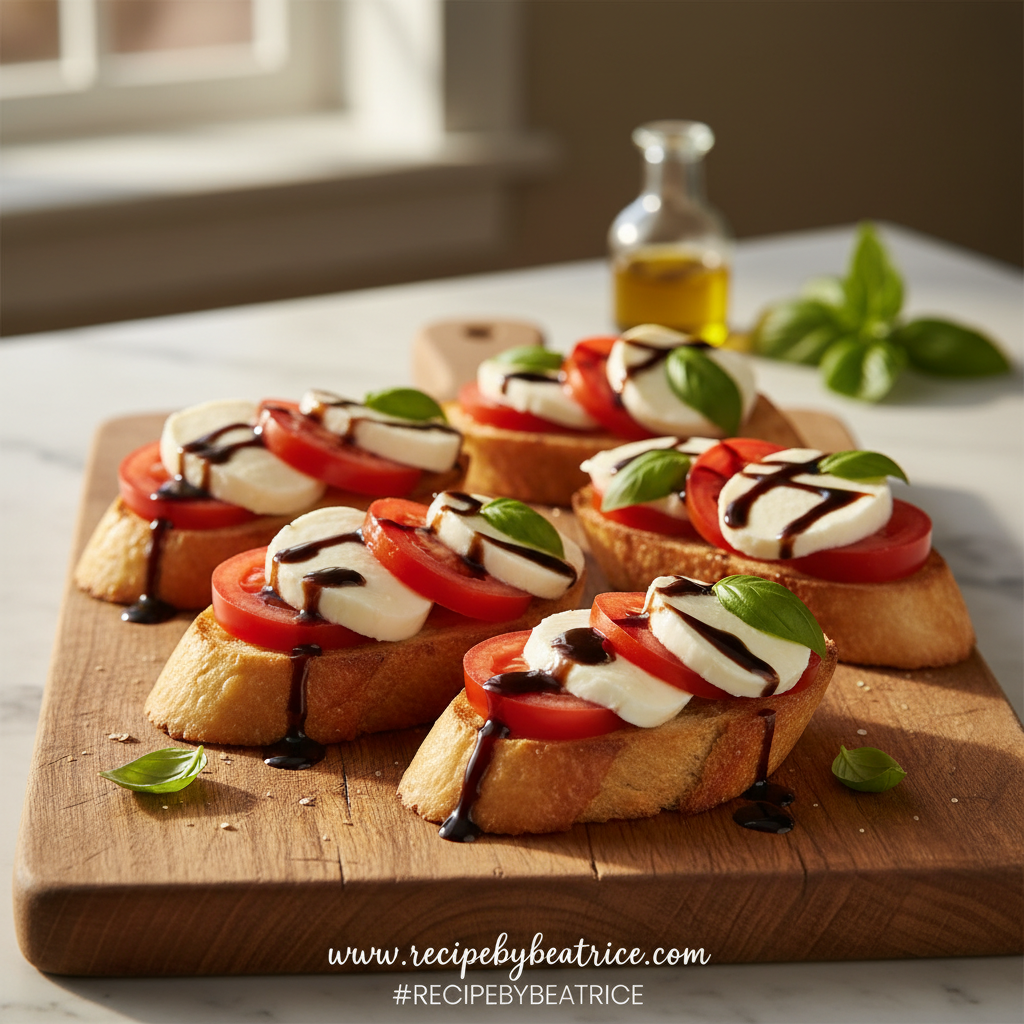 Caprese Bruschetta on a wooden board