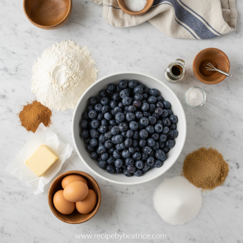 Ingredients for blueberry muffins with crumble topping