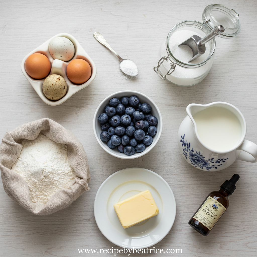 Ingredients for blueberry muffins: flour, sugar, blueberries, eggs, butter, and more
