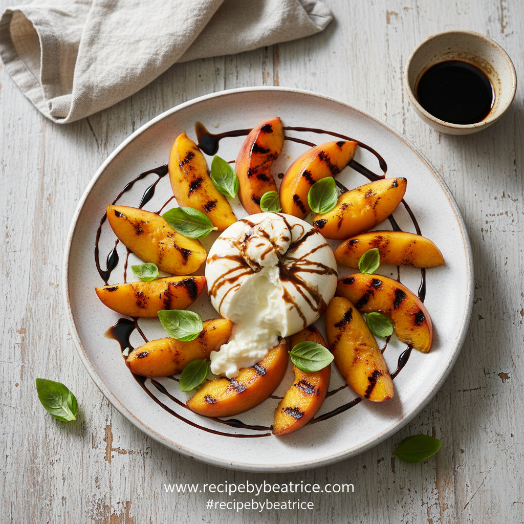 Fresh Grilled Peach Burrata Salad served on a plate