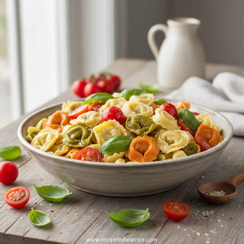 Delicious tortellini pasta salad in a bowl