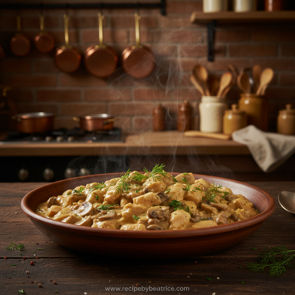 Creamy Chicken Stroganoff served over noodles