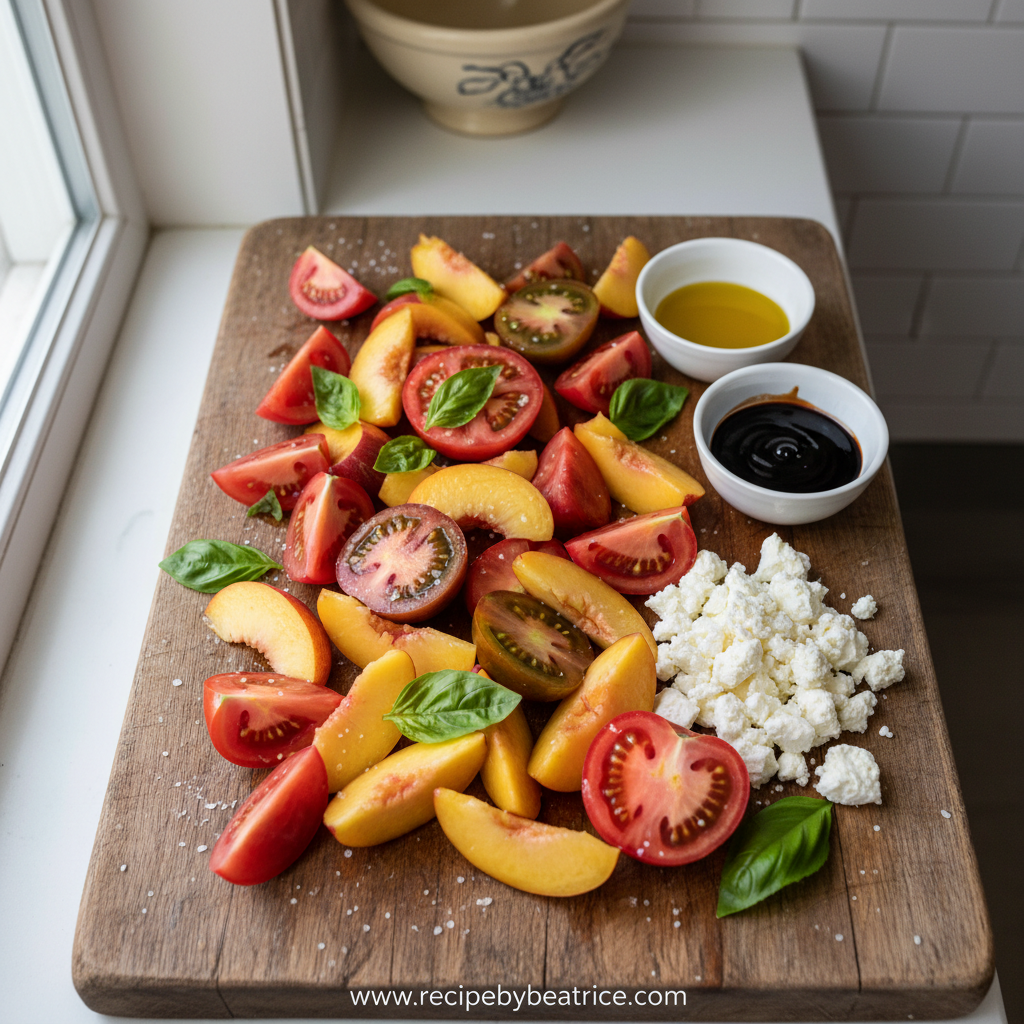 Fresh ingredients for Tomato Peach Salad: tomatoes, peaches, basil, and balsamic vinegar.