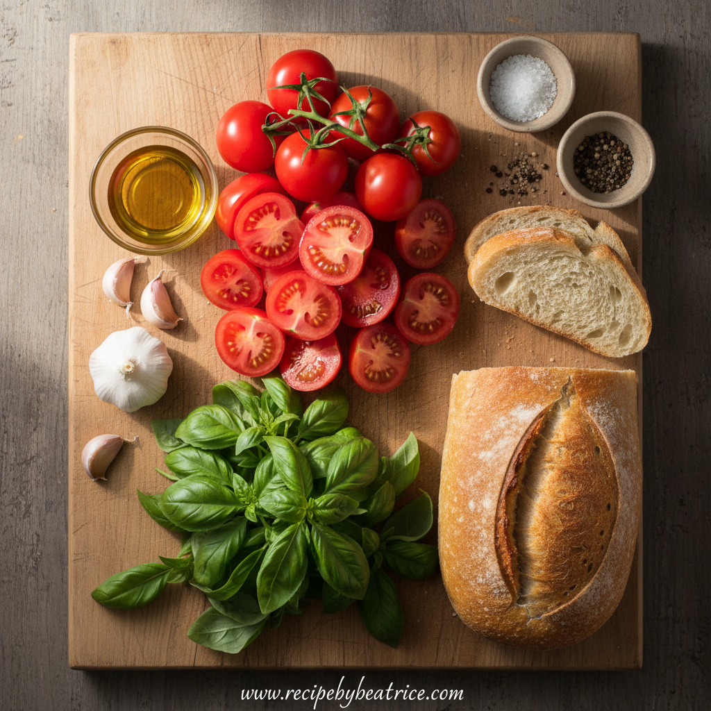 Fresh ingredients for bruschetta: tomatoes, basil, garlic, and bread
