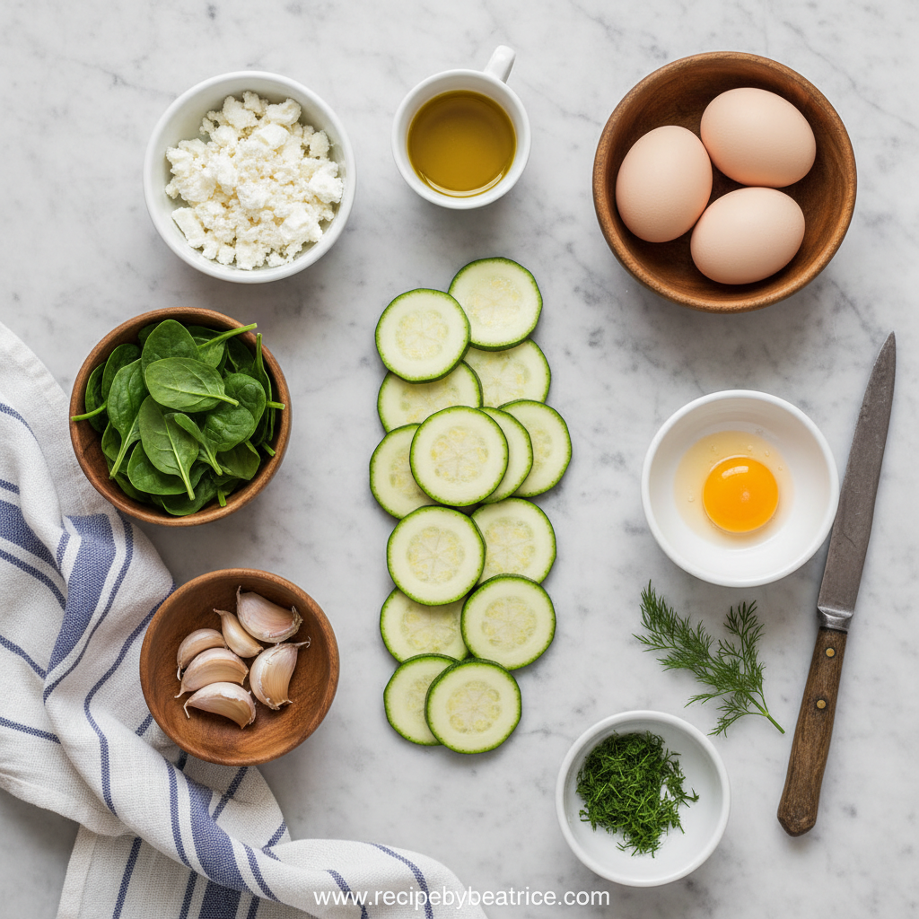 Ingredients for Baked Zucchini, Spinach, and Feta Casserole