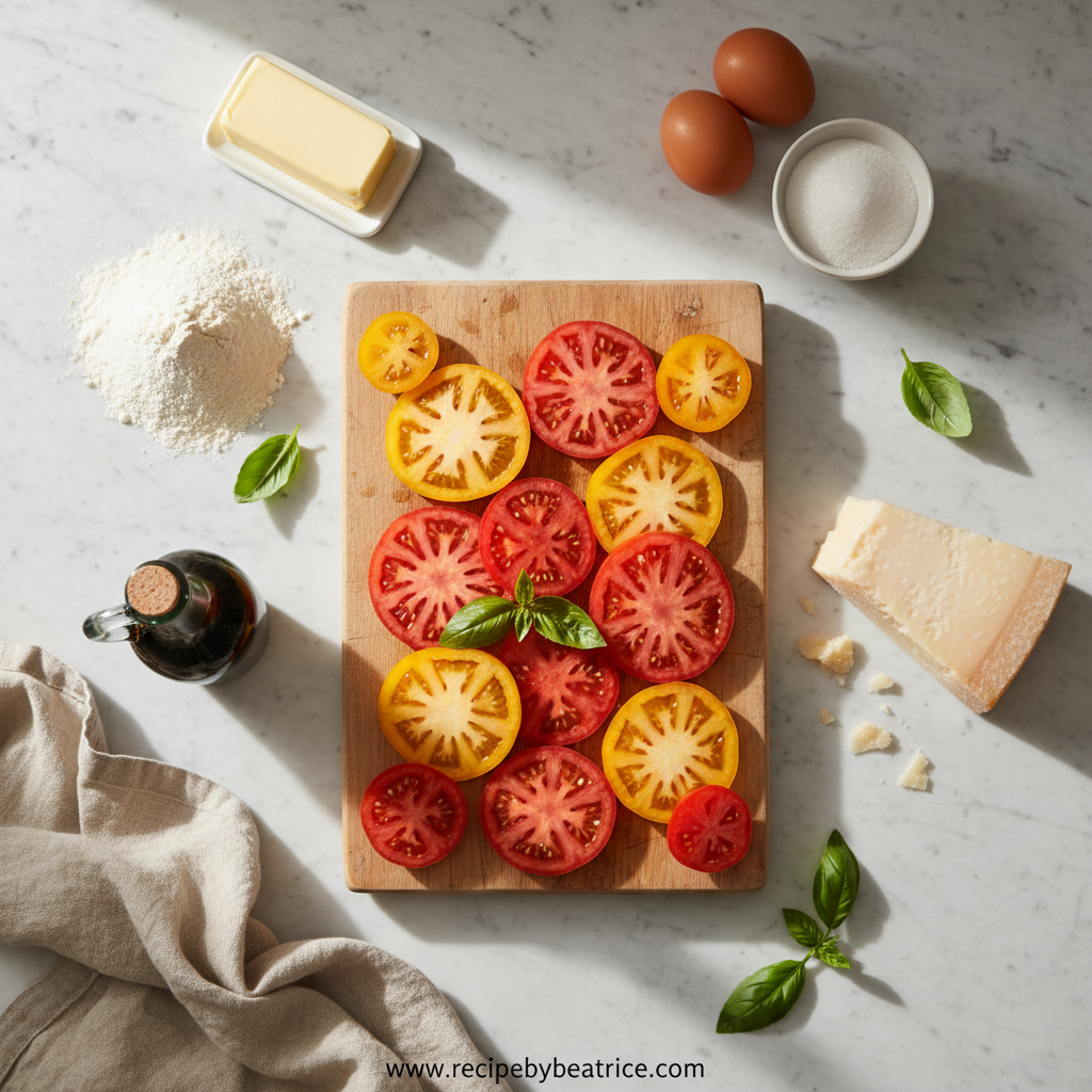 Fresh ingredients for tomato tart including tomatoes, pastry, and herbs